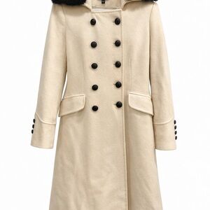 bebe Cream Wool Coat with Genuine Rabbit Fur Collar